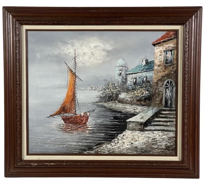 Harbor Scene with Boat Oil Painting: Harbor Scene with Boat Oil Painting on Canvas. Signed in the lower right corner. 31" x 27" framed.