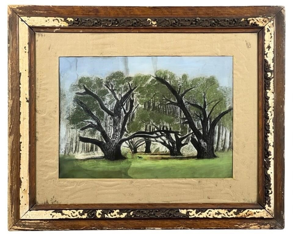 1855 French Pastel Landscape: Landscape Pastel on Paper. Unsigned, 1855 Versaille, France Stamp on Verso. 31 1/2 x 25 1/2 framed. Original period frame with heavy losses.