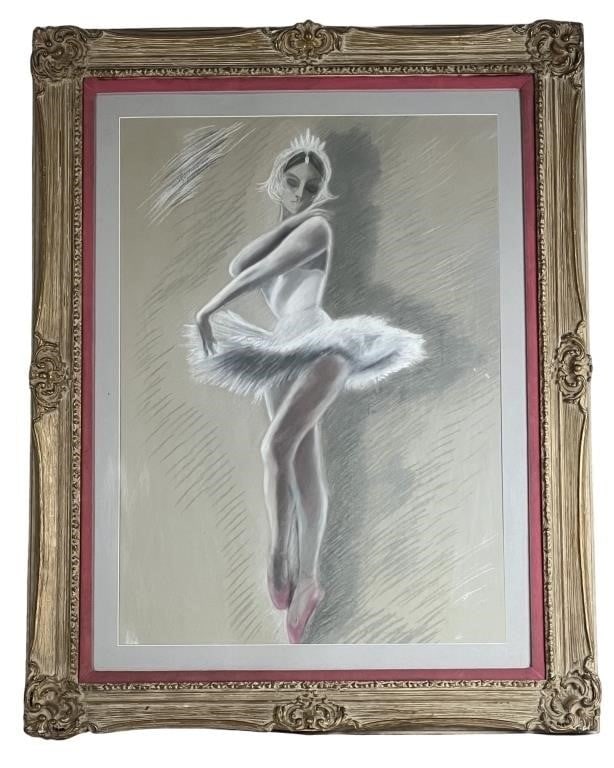 Mid 20th C. Large Pastel Painting of Ballerina: Mid 20th C. Large Pastel Painting of Ballerina. The artist?s signature is visible in the lower right corner. 48" x 38" framed.