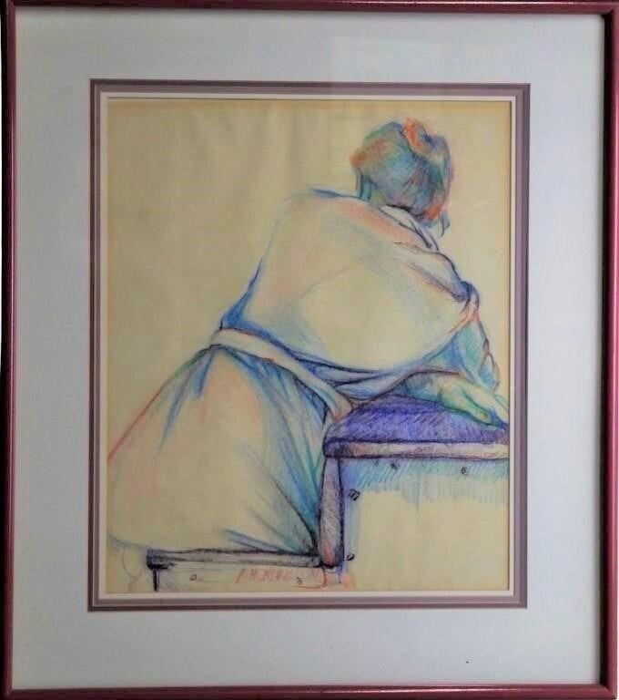 "Pondering" Pastel Painting: Pastel Paintig "Titled "Pondering". Signed at bottom with artist's label on verso. 30" x 26" framed.