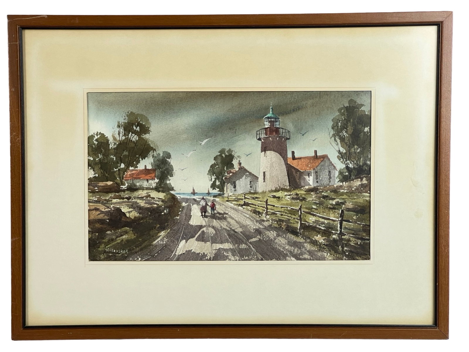 Road to Lighthouse Watercolor Painting: Road to Lighthouse Watercolor Painting. Signed lower right corner. 23" x 17" framed.