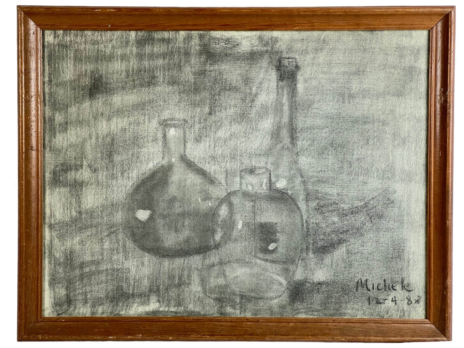 Still-Life with Glass Bottles Charcoal Drawing: Still-Life with Glass Bottles Charcoal Drawing. Signed and dated '88 lower right corner. 26 1/2" x 20 1/2" framed.
