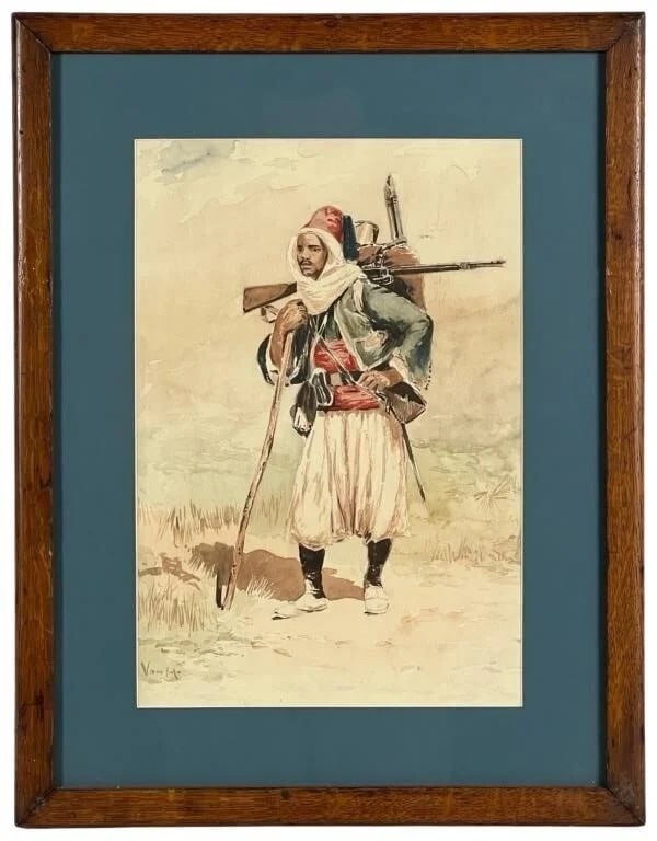 Arabian Desert Warrior Watercolor Painting: early 20th Century Arabian Desert Warrior Watercolor Painting. Signed lower left corner. 20" x 15 1/2" framed.