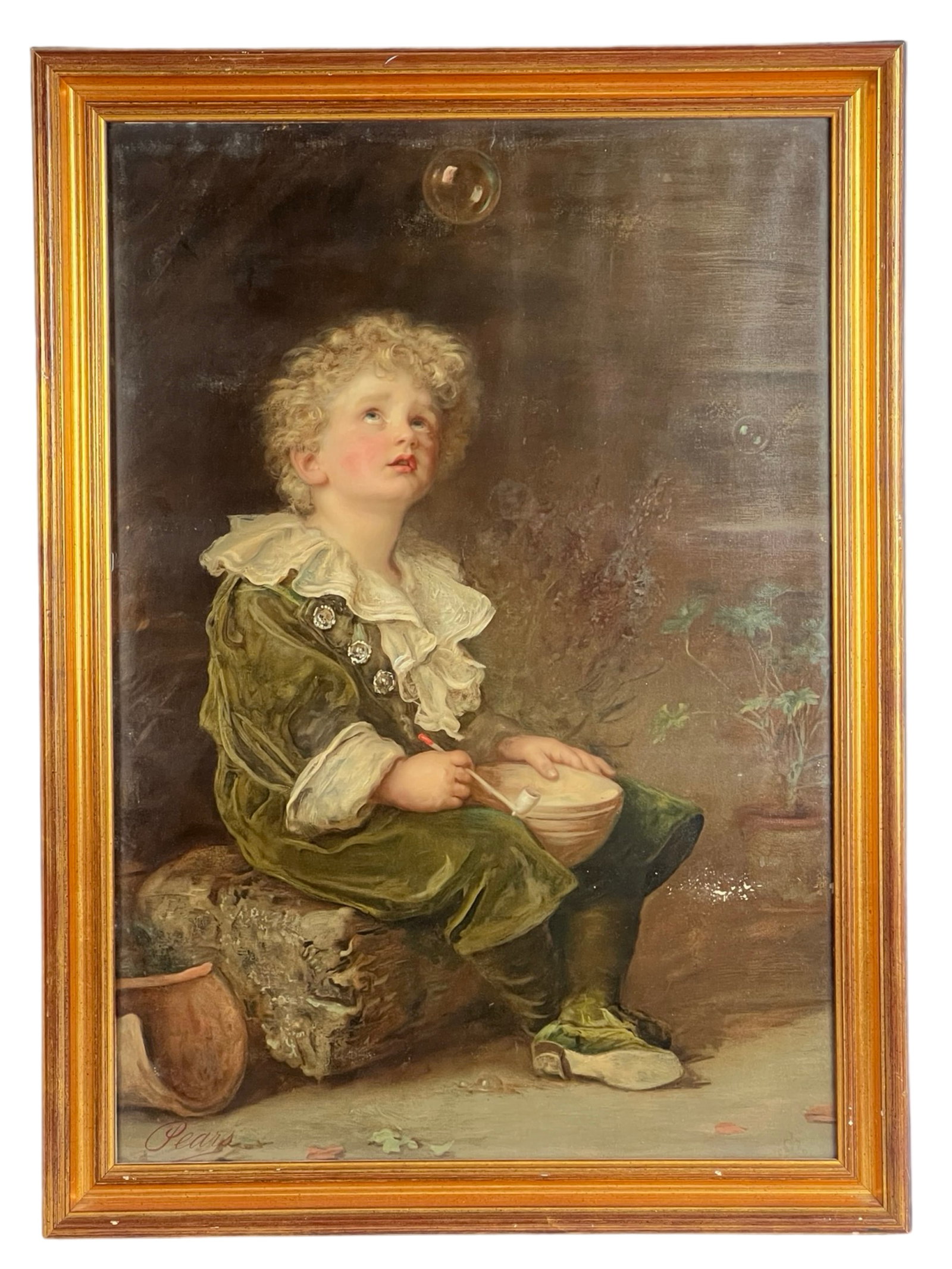 Boy with Bubbles Framed Giclee Art Print: Boy with Bubbles Framed Giclee Art Print on Canvas. Artist's name lower left. 31" x 23" framed.