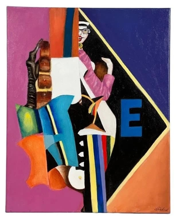 Modernist Figures Oil Painting: Modernist Figures Oil Painting. Signe dlower right corner. 20" x 16" framed.