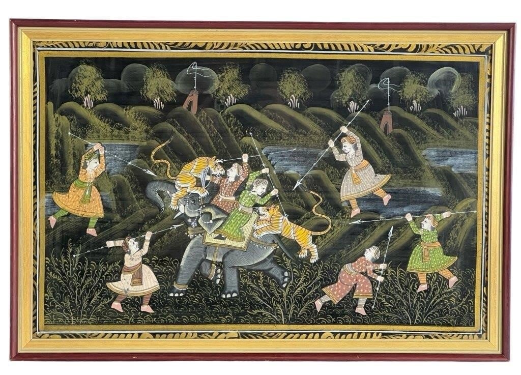 Indian Tiger Hunt on Elephant Painting on Silk: - Indian Tiger Hunt on Elephant Painting on Silk. 23 1/2" x 18 1/2" framed.