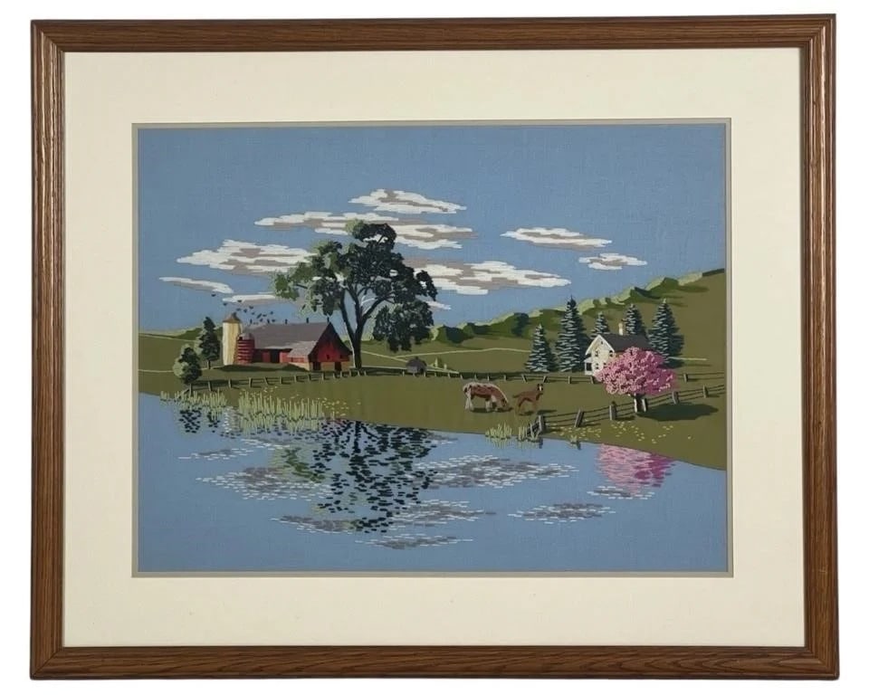 Peaceful Pasture Framed Needlepoint Embroidery: Peaceful Pasture Framed Needlepoint Embroidery. 32" x 26" framed.