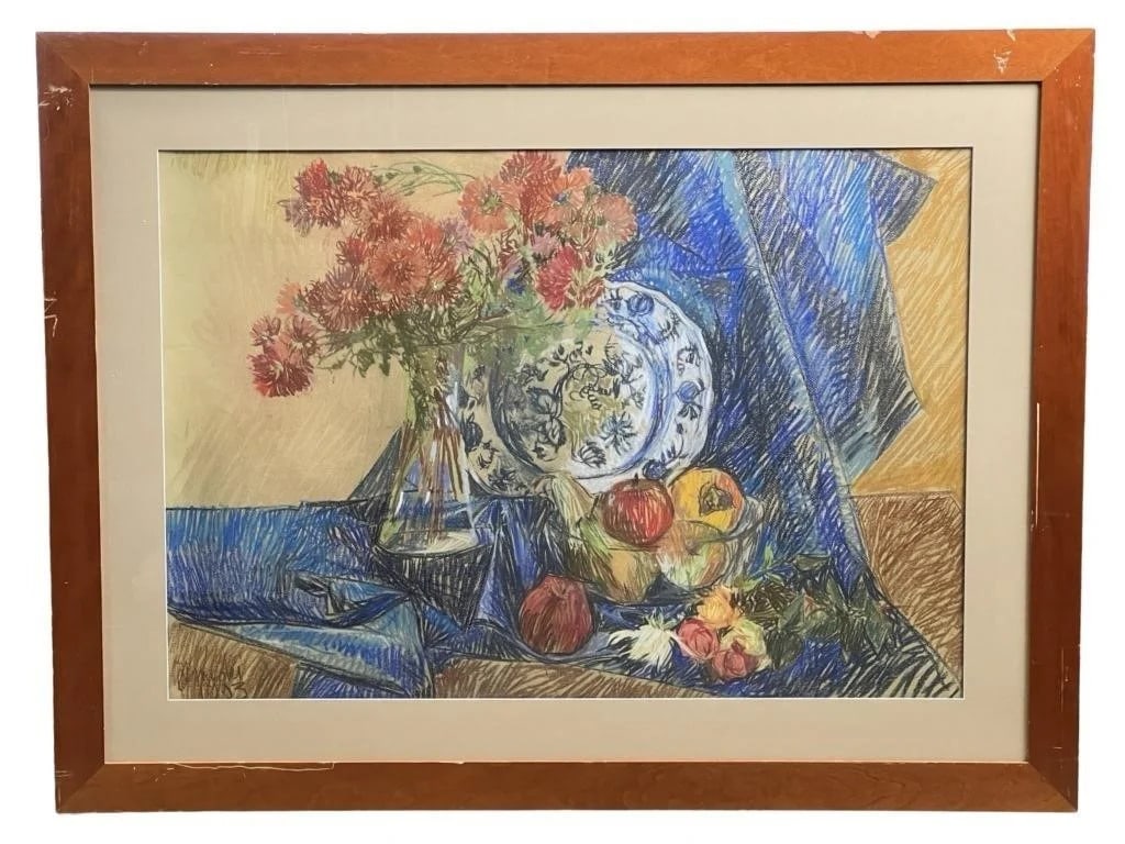 Large Still Life Pastel Painting with Flowers: Large Still Life Pastel Painting with Flowers. Signed lower left corner. 37" x 25" framed with glass. Frame shows some scratches.