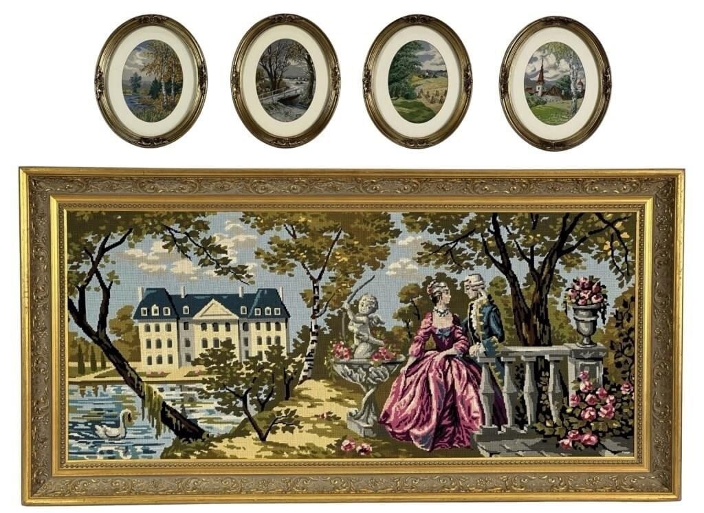 Large Needlepoint Tapestry Wall Art & 4 Landscape: Large Vintage nicely framed Needlepoint Tapestry titled "La Conversation" and Four Landscape Scenes Needlepoints in oval frames. Measure 51" x 26" and 11 1/2" x 9".