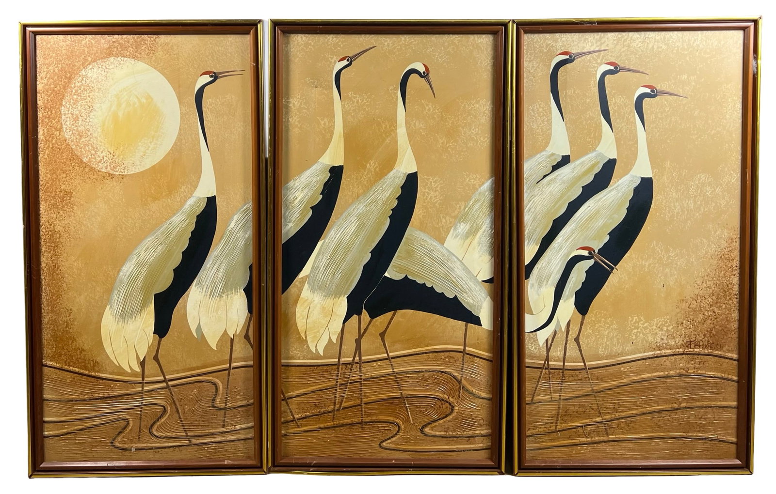 Cranes- MCM Triptych Paintings: Cranes- MCM Triptych Paintings. 42" x 22" each. One is signed by artist.