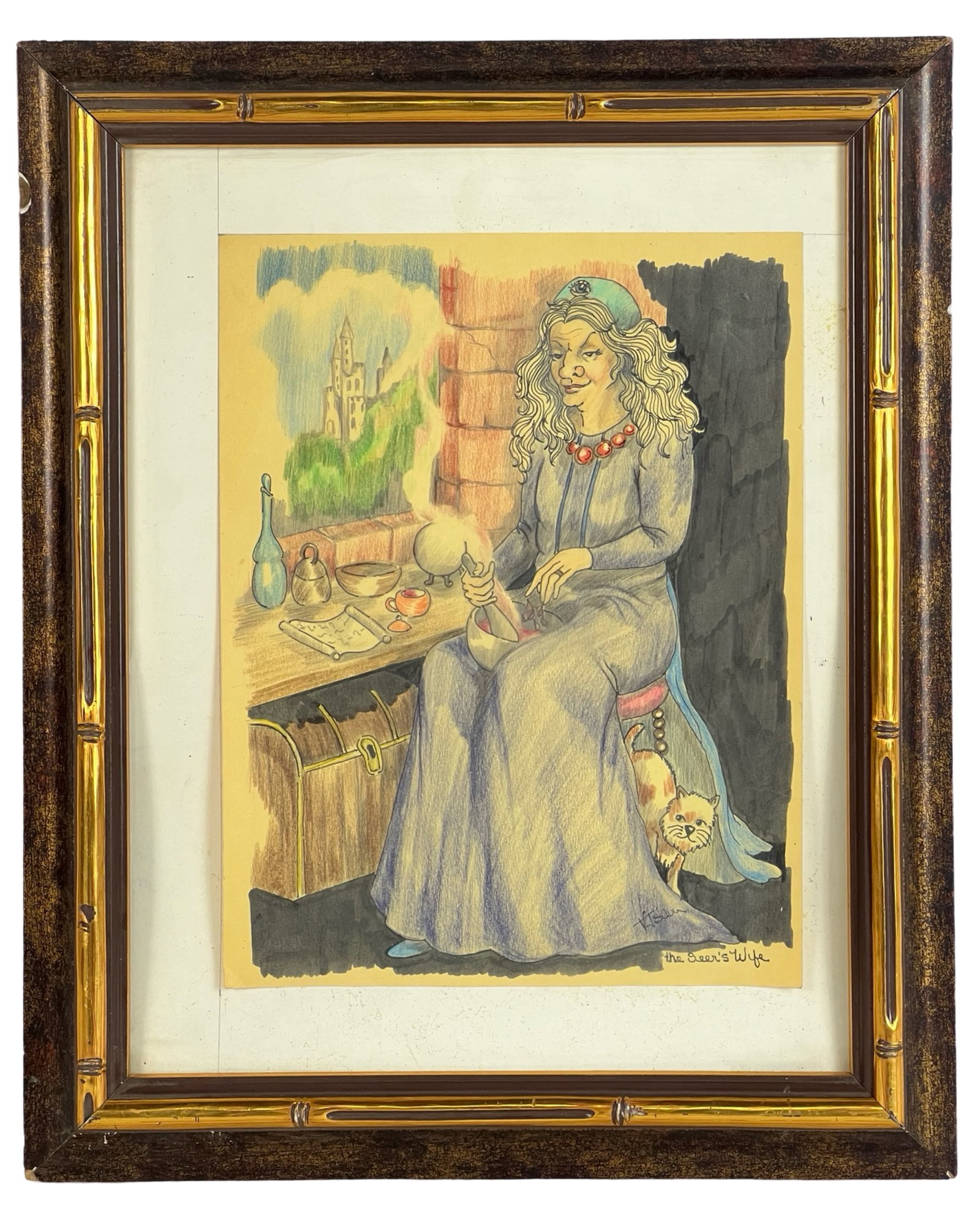 Witch Illustration Pencil and Watercolor Drawing: Witch Illustration Pencil and Watercolor Drawing. Signed lower right corner. 16 1/2" x 13 1/2" framed.