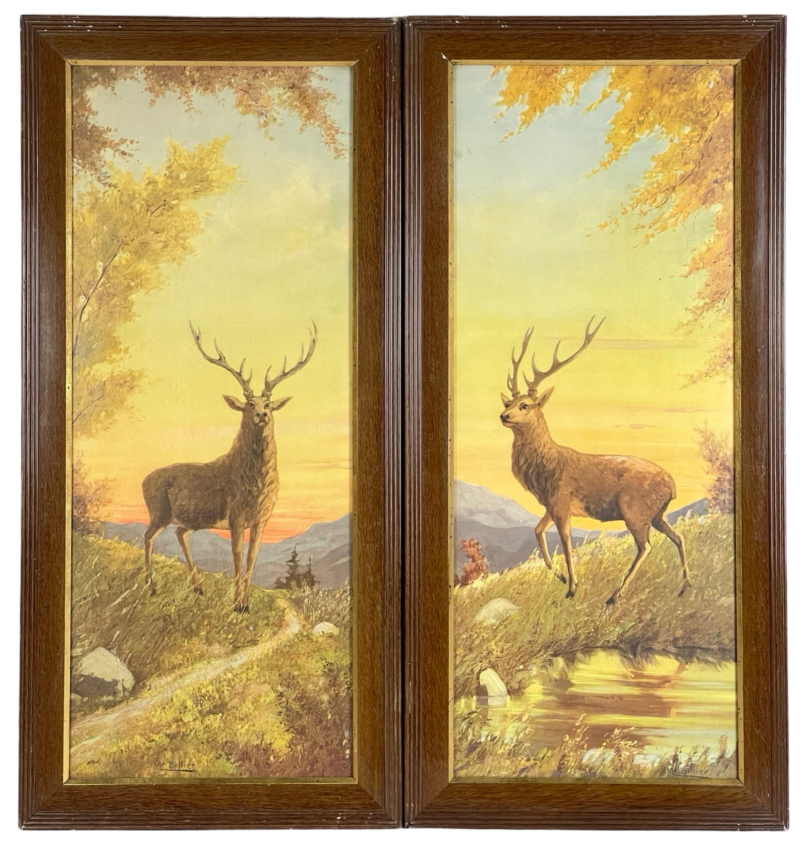 Stag/ Deers- Two Antique Art Prints turn of 20th C: Two turn of 20th Century Antique Stag/ Deer Art Prints. 32" x 15" framed.