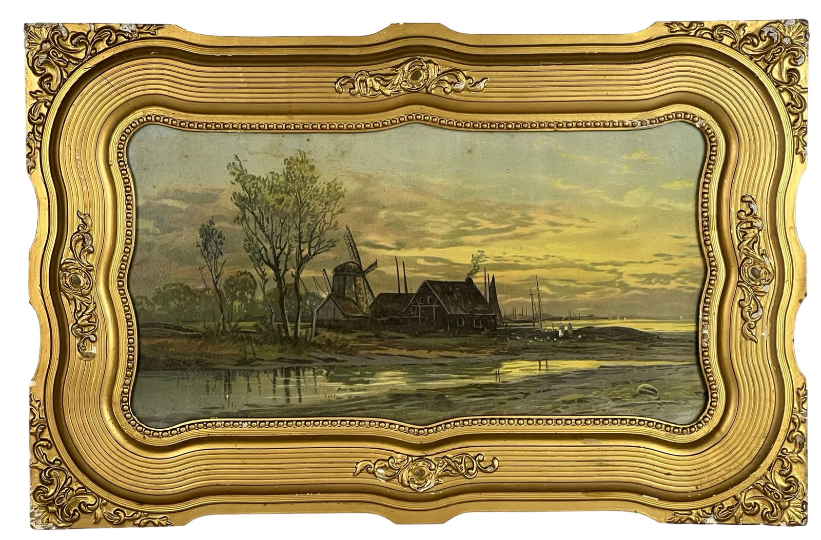 Antique Dutch School Landscape Framed Art: Antique Dutch School Landscape Art in ornate Frame. 28 1/2" x 14 1/2" framed.