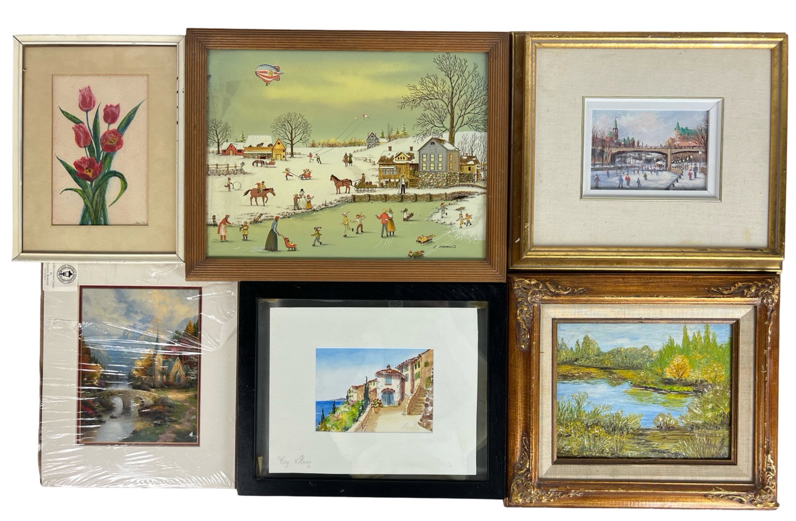 Assortment of Various Framed Art: Group of Various mostly framed art. Largest is 18" x 14", smallest is 12 1/2" x 10".