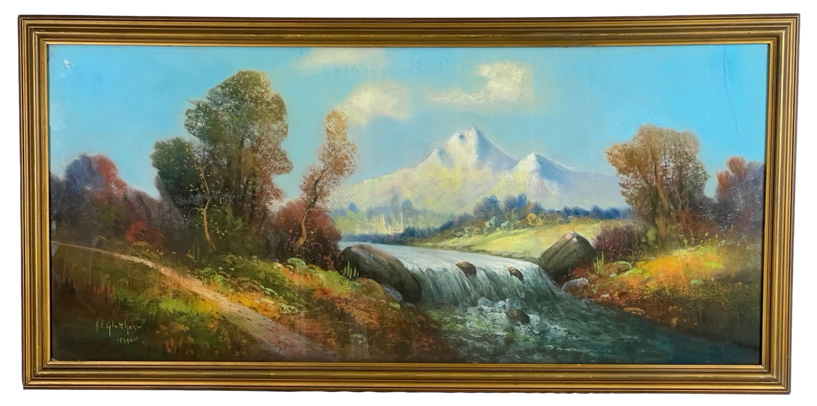 1940 Mountain Landscape Pastel Painting: 1940 Mountain Landscape Pastel Painting. Signed and dated 1940 lower left. 42" x 21". Rip on paper is visible throught the glass upper right corner.