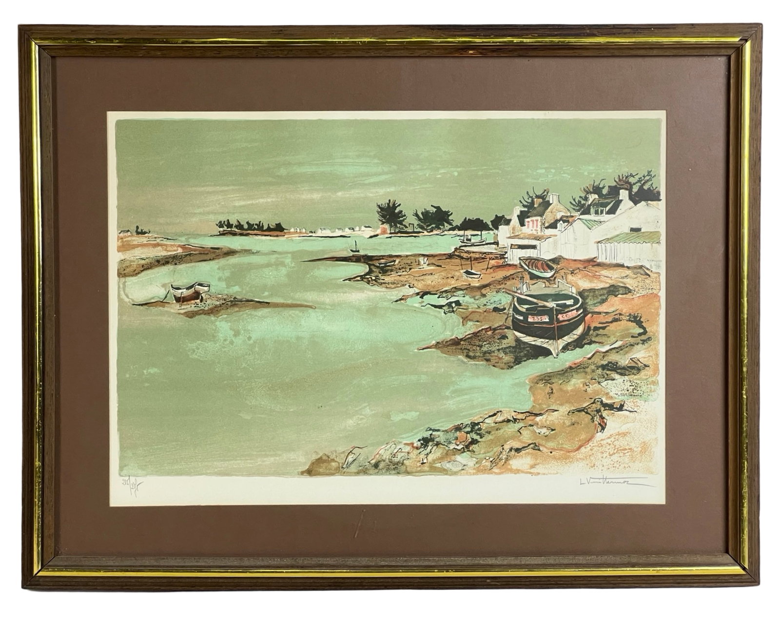Fishermen's Village Scene LE Signed Lithograph: Fishermen's Village Scene LE Signed Lithograph. Signe dlower right corner with artist's bio on verso. 25" x 19" framed.