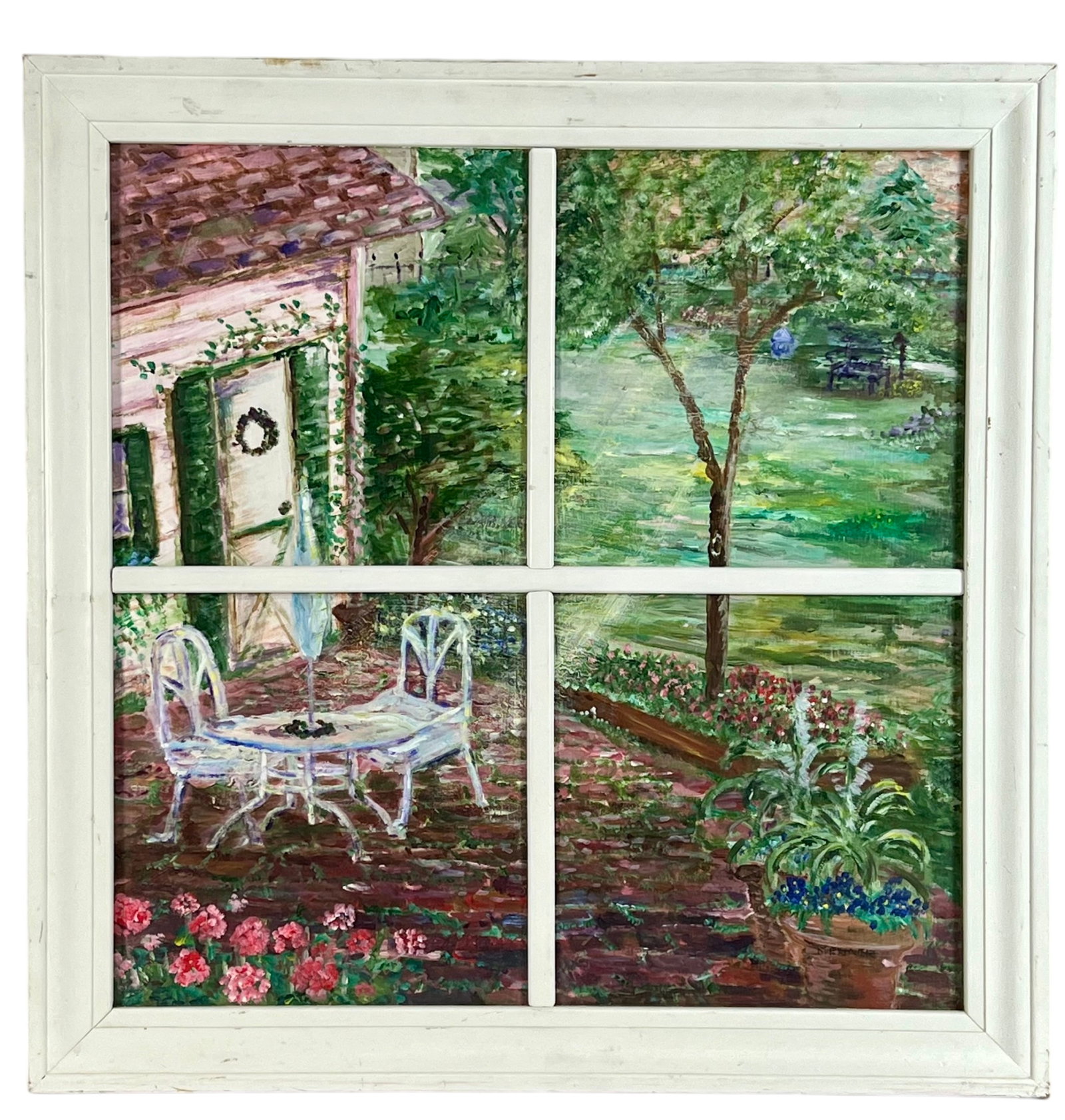 "Patio Scene" throught the Window Frame: "Patio Scene" Painting with old window frame. Signed lower left. 27 1/2" x 27 1/2".
