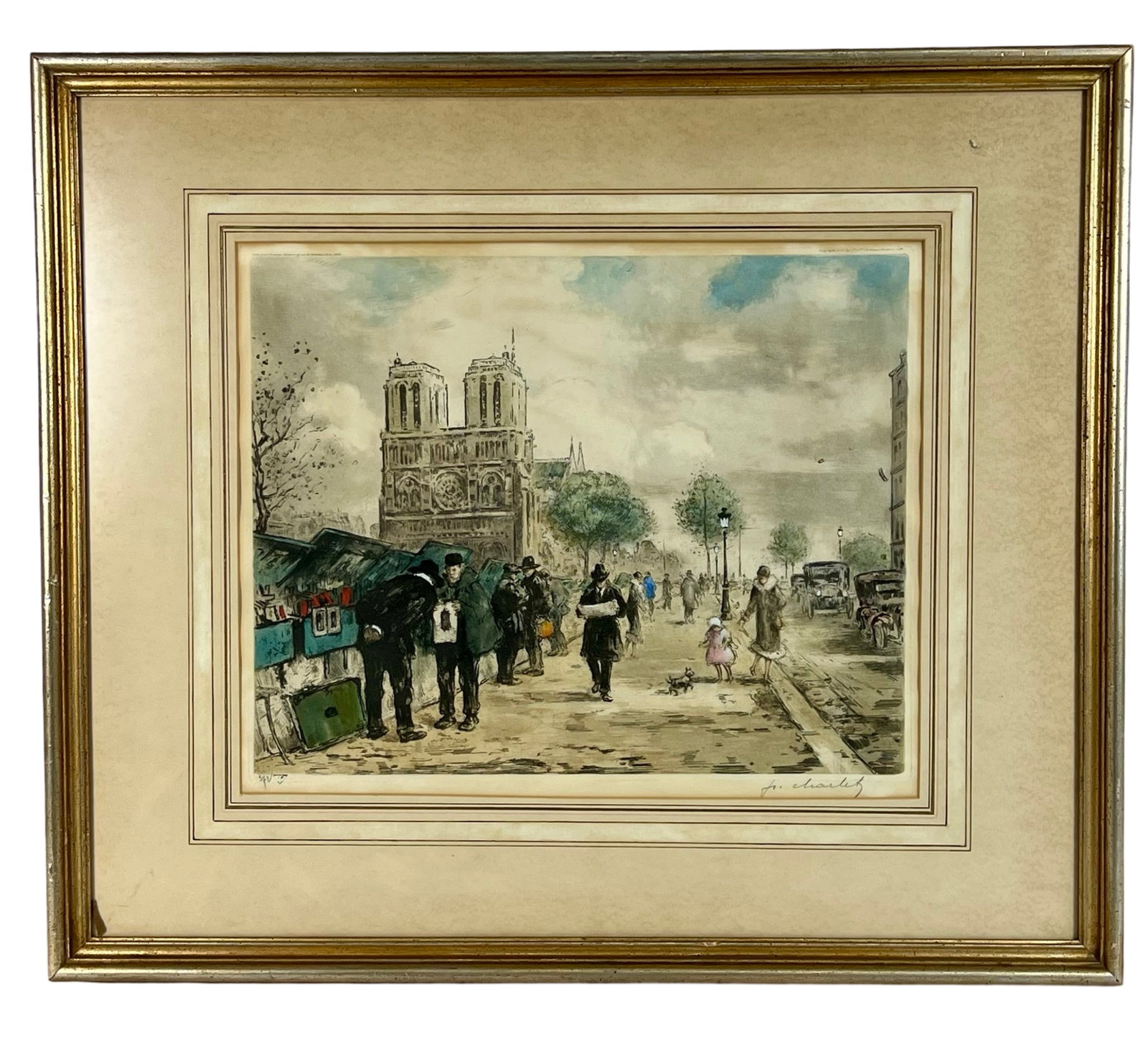French Parisian Street Signed Colored Etching: French Parisian Street Signed Colored Etching. Signed lower right corner. 25" x 22 1/2" framed.