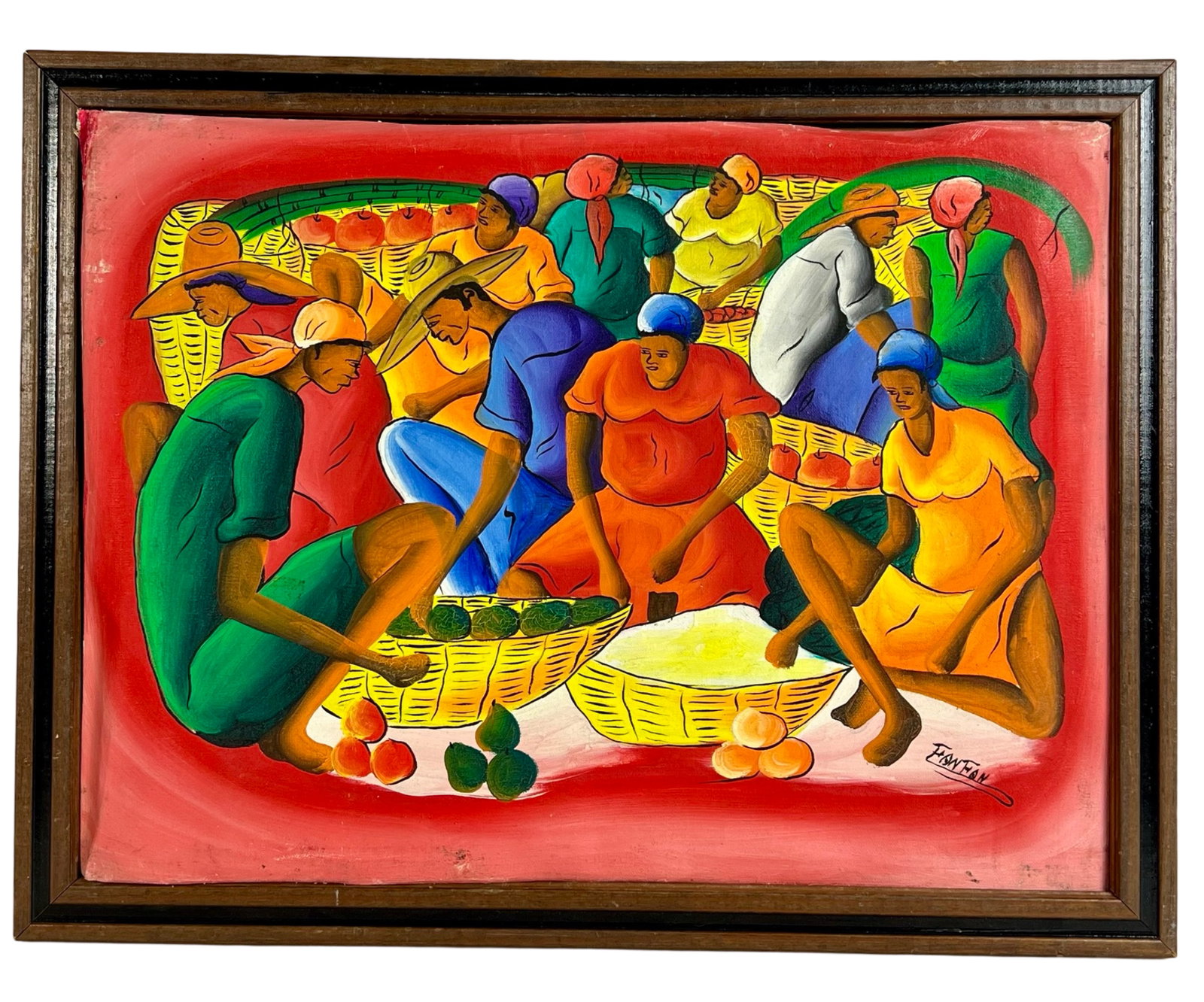 Colorful Haitian Oil Painting- Fruit Vendors: "Fruit Vendors"- Colorful Haitian Oil Painting. Signed lower right corner. 17 1/2" x 12 1/2" framed.