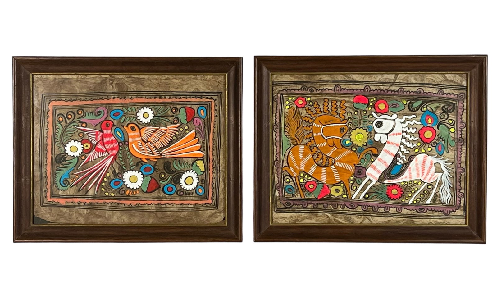 Two Mexican Folk Art Paintings on Tree Bark Parchm: Two Mexican Folk Art Paintings on Tree Bark Parchment. 16" x 13" framed.