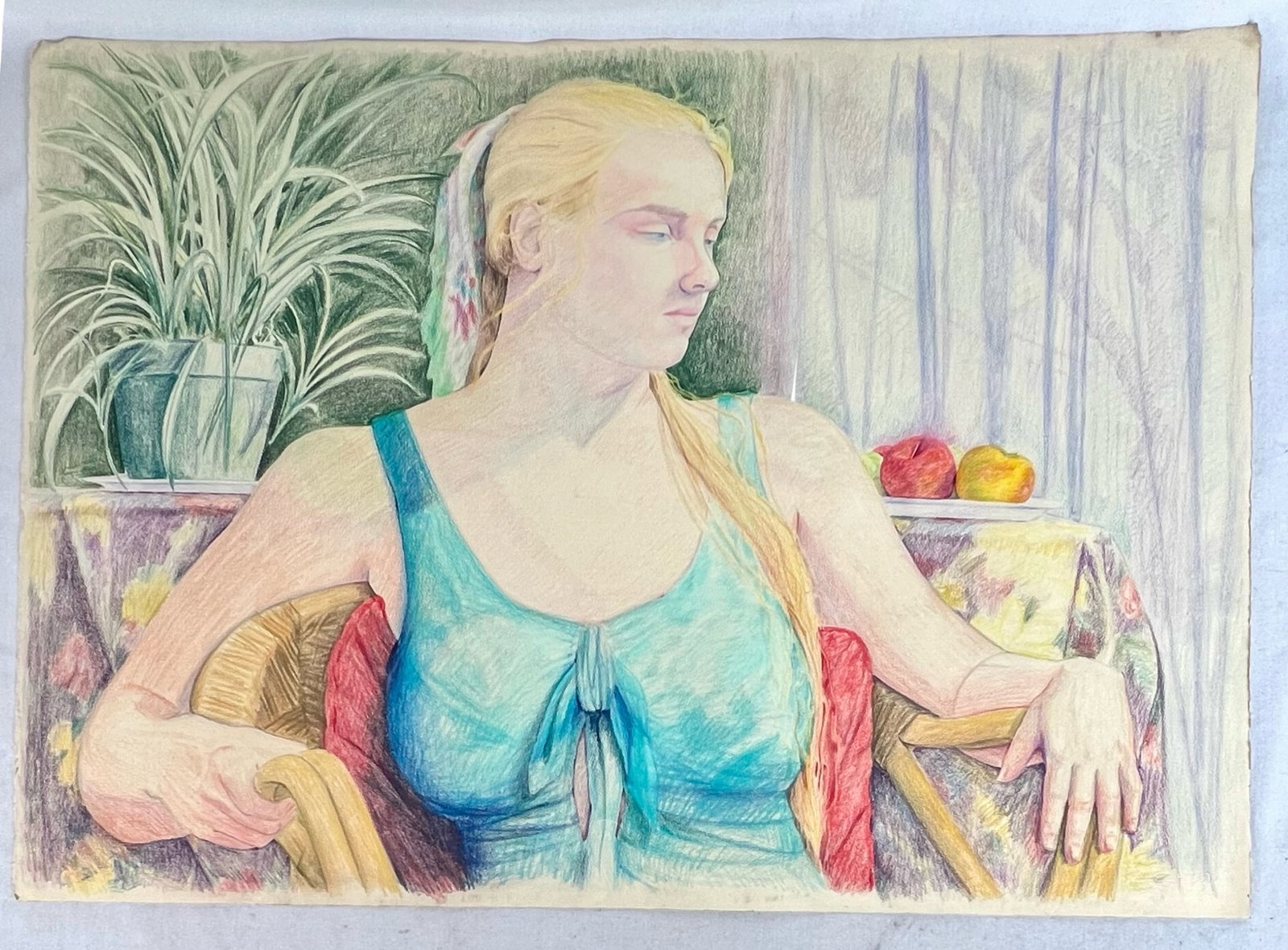 Lady in Chair Color Pencil Drawing: Lady in Chair Color Pencil Drawing. 41 1/2" x 29 1/2" unframed.