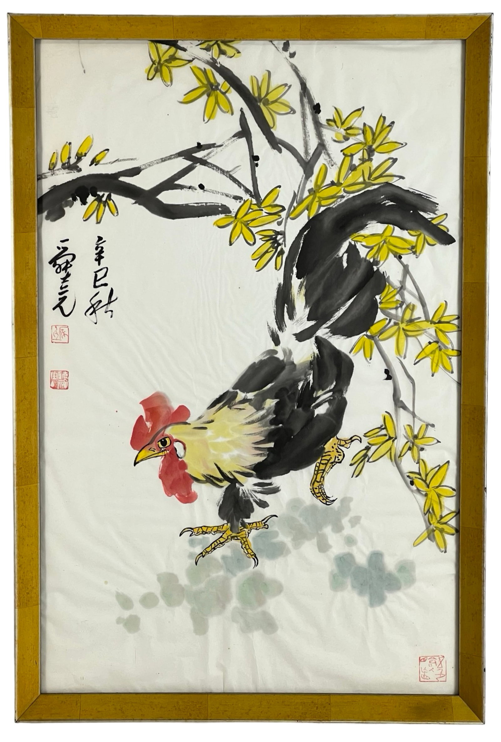 Chinese Rooster Painting on Silk: Chinese Rooster Painting on Silk. Artist's chop lower right corner. 29" x 19" framed.