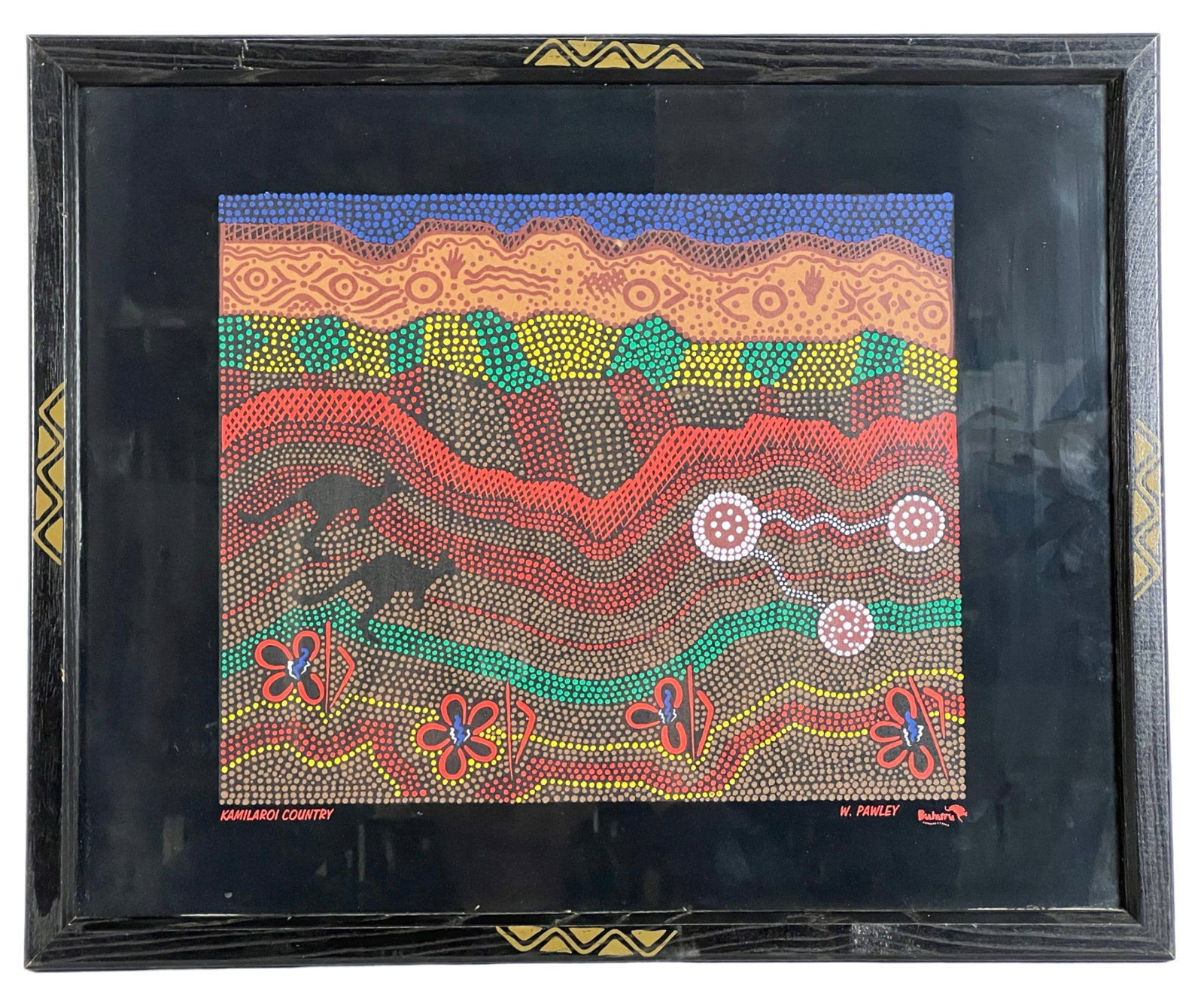Australian Aboriginal Landscape Mosaic Art: Australian Aboriginal Landscape Mosaic with Jumping Kenguru. 21 1/2" x17 1/2" framed.