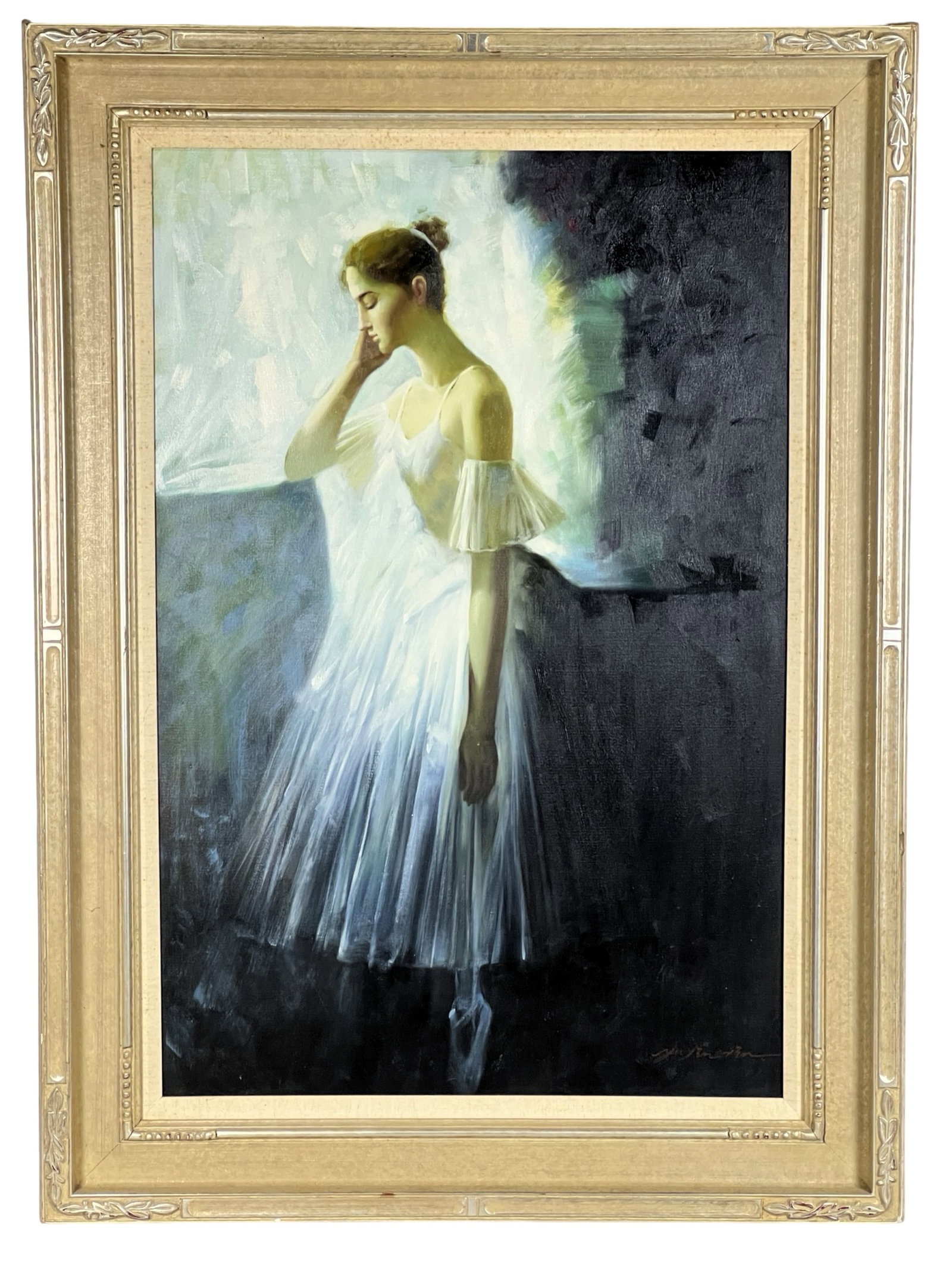 Young Ballerina Oil Painting: A captivating oil painting on canvas featuring a young ballerina in a contemplative pose, standing near a softly lit window. The artist skillfully captures the delicate details of her flowing white dr