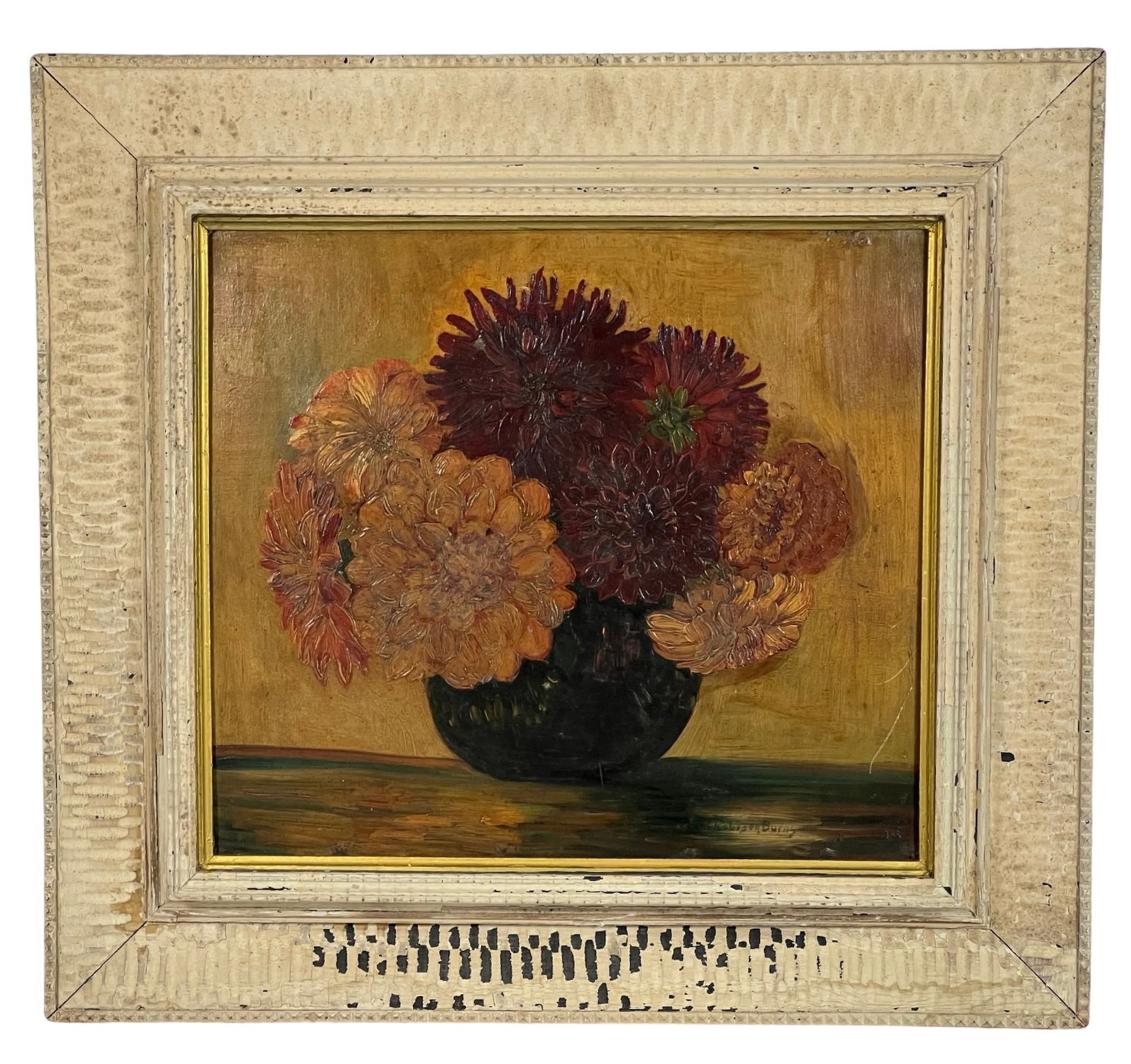 Pearl Robison Burns Still-Life Flowers Painting: This charming still-life painting by Pearl Robison (Burrows) Burns features a vibrant arrangement of richly colored flowers in a black vase, set against a warm golden background. The textured brushstr