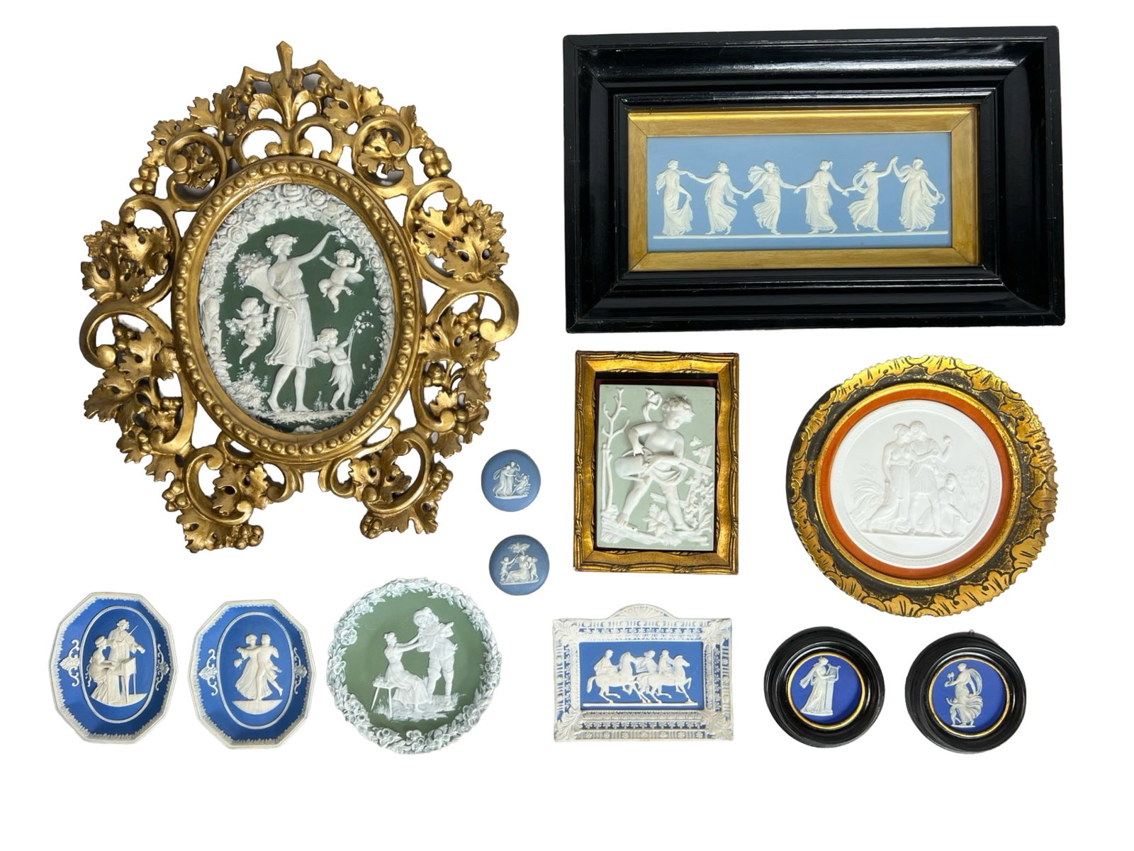 Blue & White Jasper. Jasperware Wall Art: A remarkable collection of Jasperware wall art in various sizes and styles, showcasing neoclassical themes and meticulous craftsmanship. This lot includes both framed and unframed pieces, featuring fi