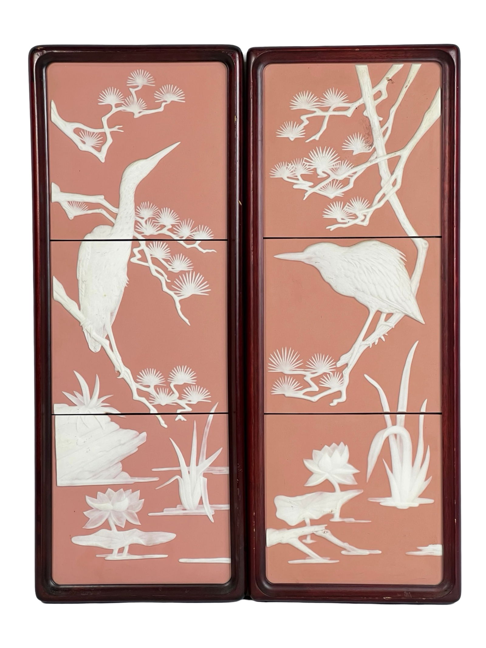 Franklin Mint Parian "Tranquil Waters" Wall Art: A stunning pair of wall art panels from the Franklin Mint's 1986 collection, titled "Tranquil Waters" by George McMonigle. Crafted in exquisite Parian porcelain, these artworks feature intricate bas-r