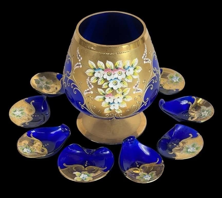 Bohemian Cobalt Blue & Gold Bowl w/ Salt Holders (1 of 6)