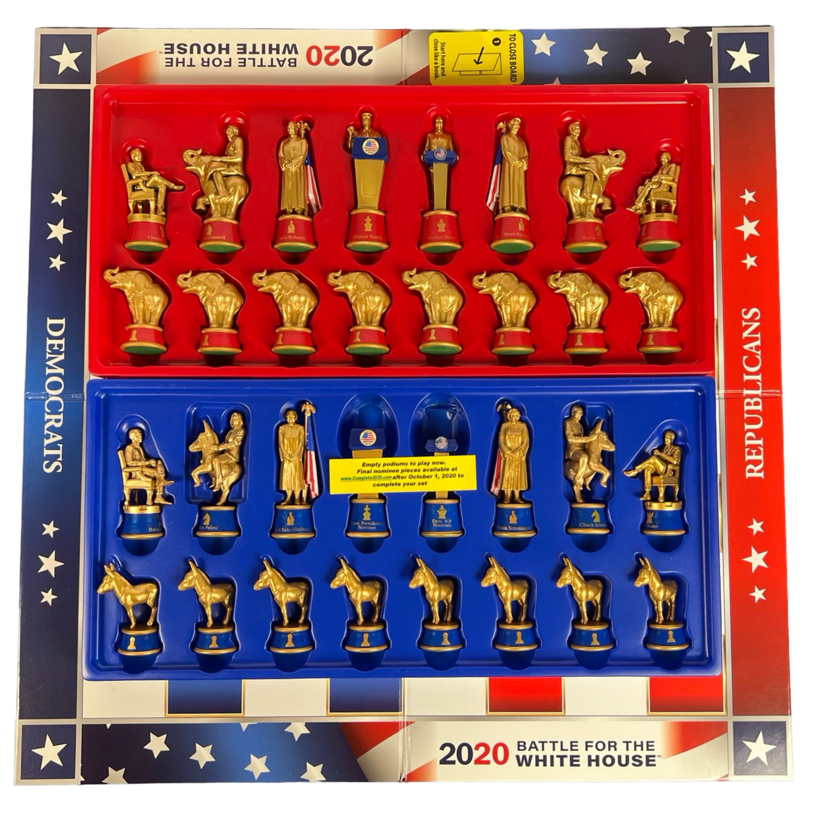 2020 "Battle for the White House" Chess Set: A 2020 "Battle for the White House" chess set featuring intricately designed gold-tone political figures representing Democrats and Republicans. This collectible set includes notable figures such as D
