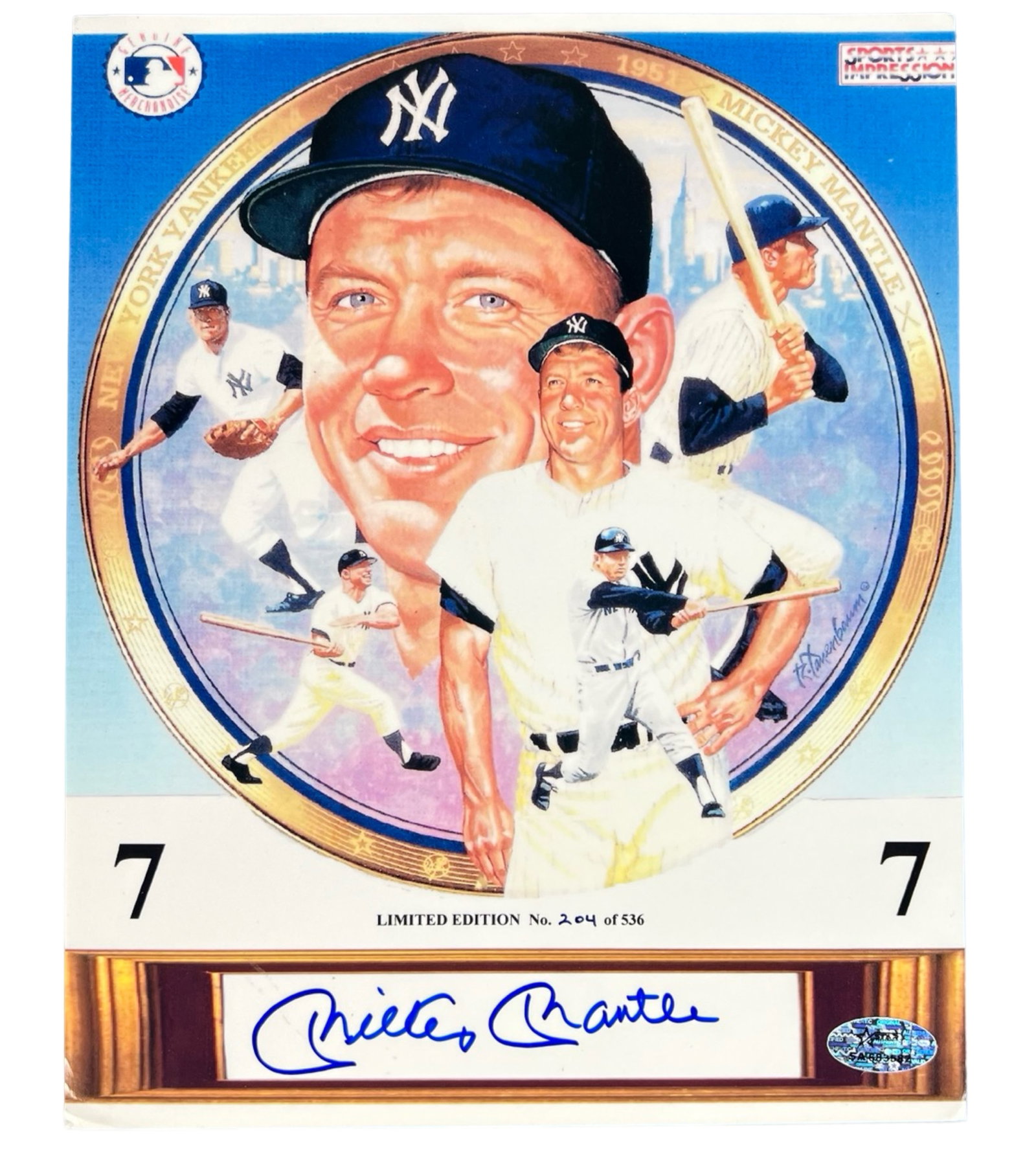 Mickey Mantle Signed Limited Edition Photograph: A limited edition photograph featuring iconic imagery of Mickey Mantle, numbered 204 out of 536. This vibrant piece commemorates Mantle’s legendary career with the New York Yankees, showcasing multi
