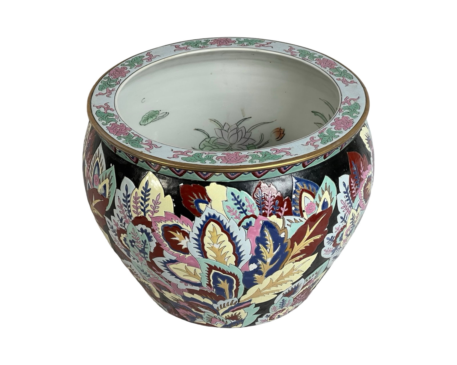 Chinese Fish Bowl Planter: Beautifully crafted Chinese fish bowl planter featuring vibrant hand-painted floral motifs on a black background. The interior is adorned with a serene lotus pond scene. The piece measures approximate