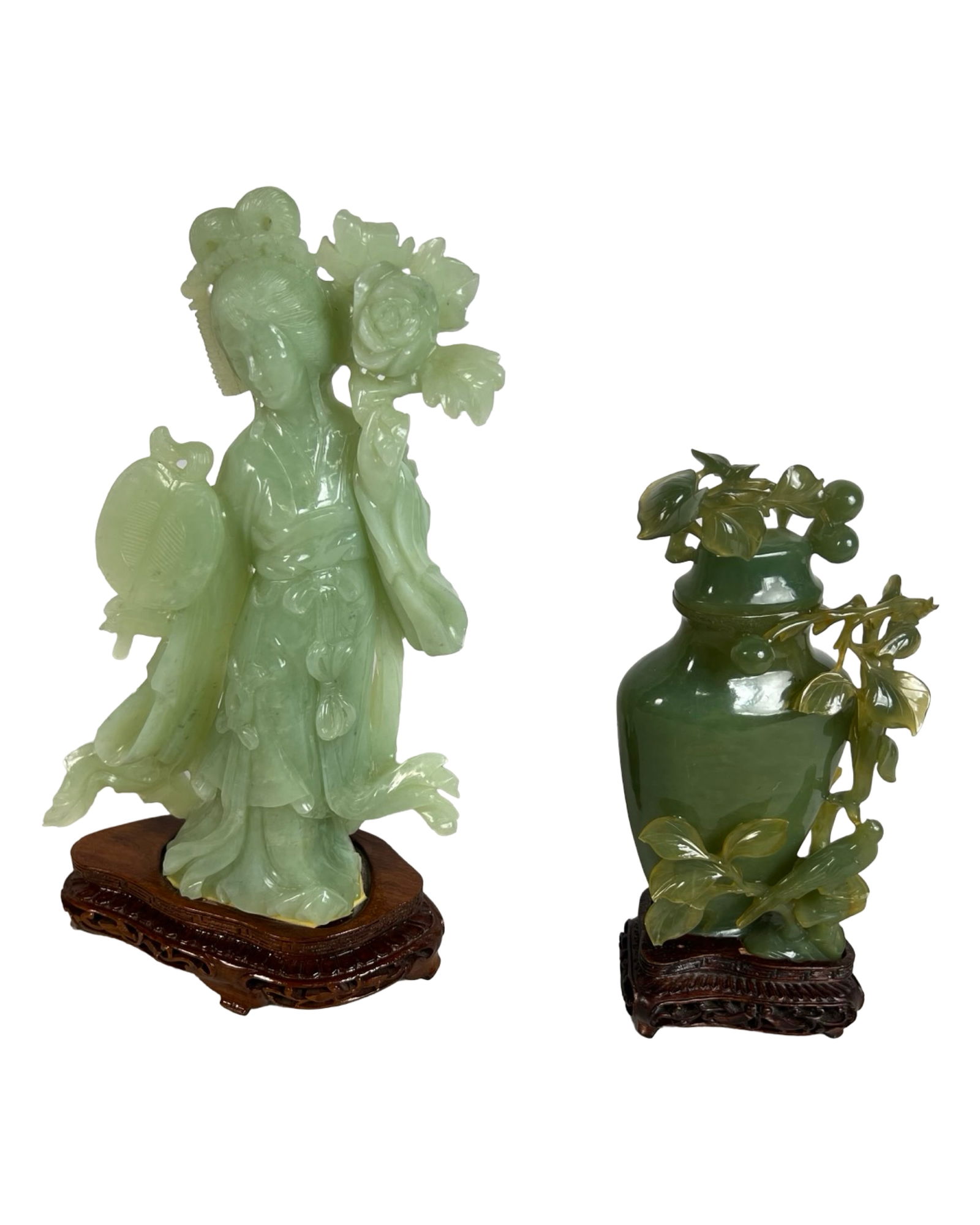 Pair of Chinese Carved Jade Figures with Wooden St (1 of 8)