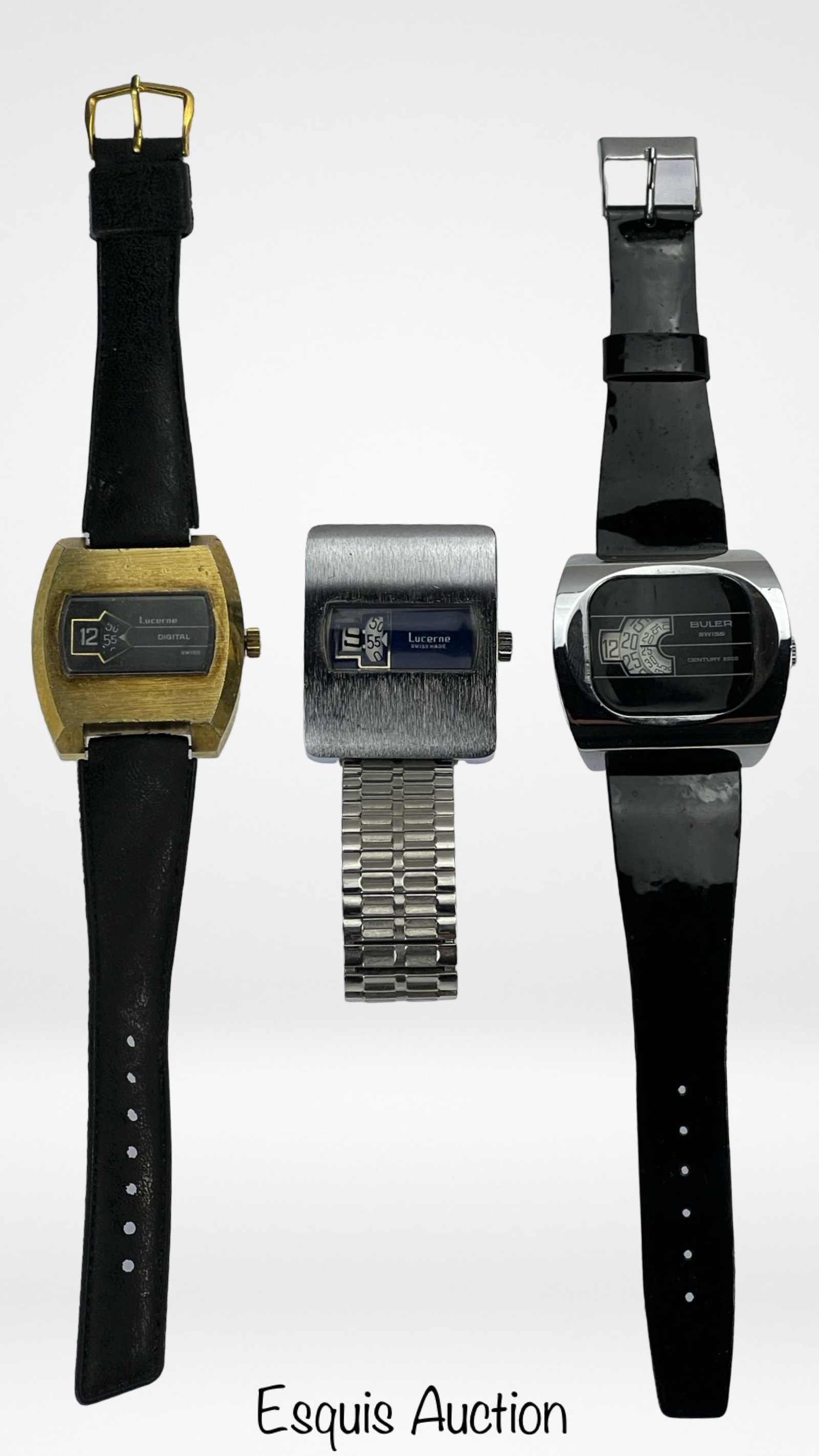 Vintage Lucerne & Buler Jum Hour Wrist Watches: Two Lucerne Swiss Jump Hour Wrist Watches and Buler Century 2000 Jump Hour Watch. Both Lucerne watches are in working condition, Buler is in non-running condition. All show age related wear.