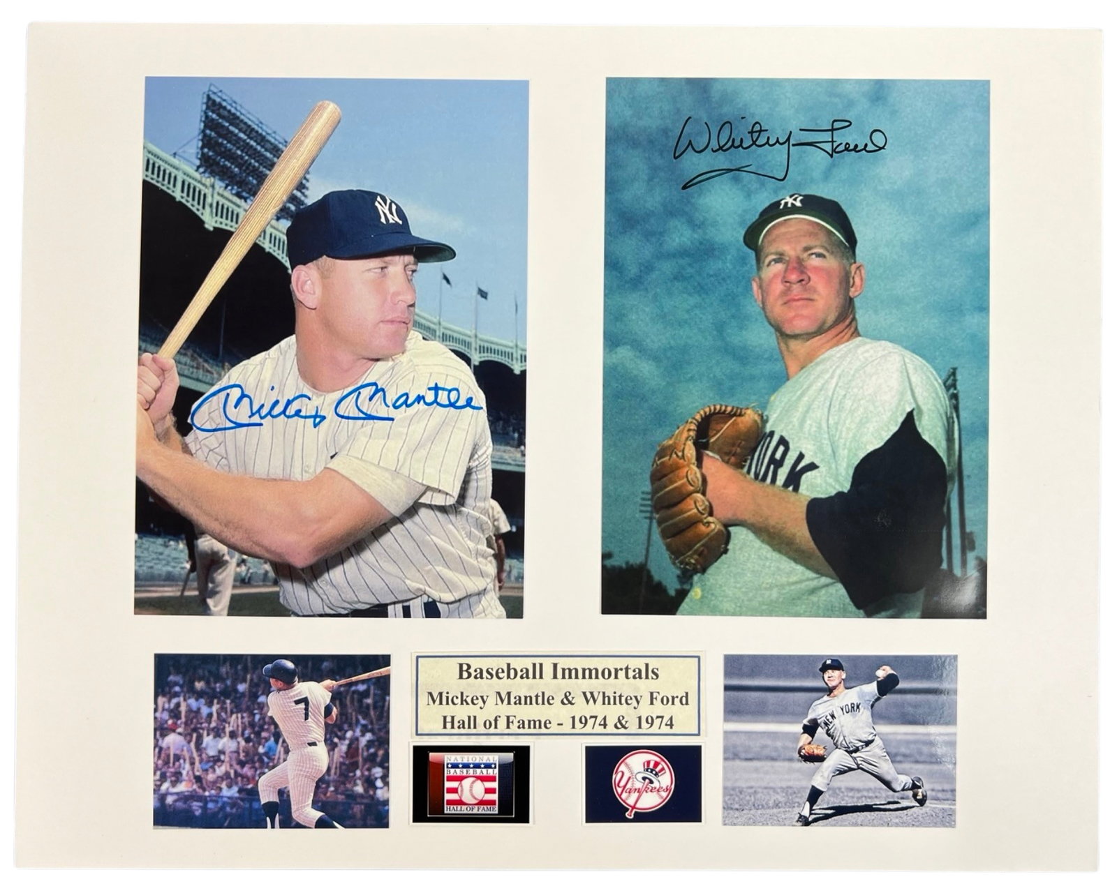 Mickey Mantle & Whitey Ford Dual-Signed Photos: This piece features two 5" x 7" autographed photographs of Yankees legends Mickey Mantle and Whitey Ford, beautifully displayed on 11" x 14" matting. Both players were key figures in the New York Yank