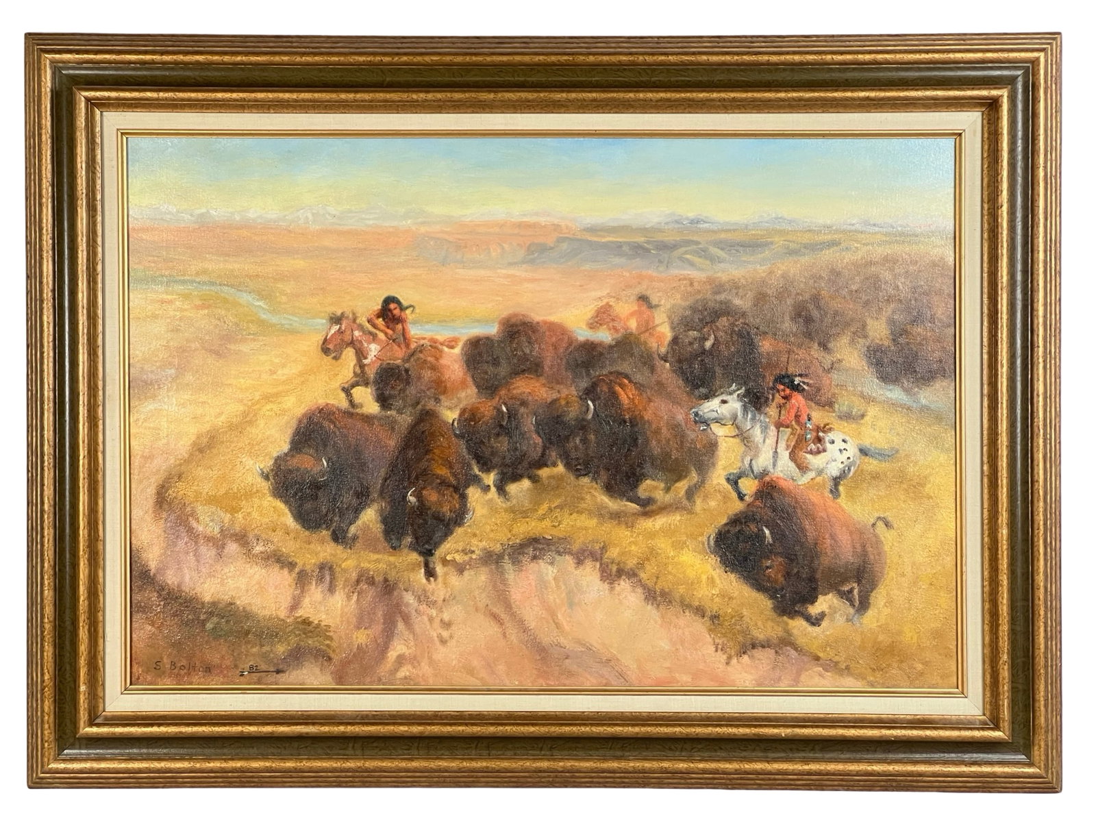 S. Bolton "Buffalo Hunt" Oil Painting, 1982: A dramatic and captivating oil painting by S. Bolton, depicting a thrilling buffalo hunt scene set against a sweeping prairie landscape. Native American hunters on horseback charge through the golden 