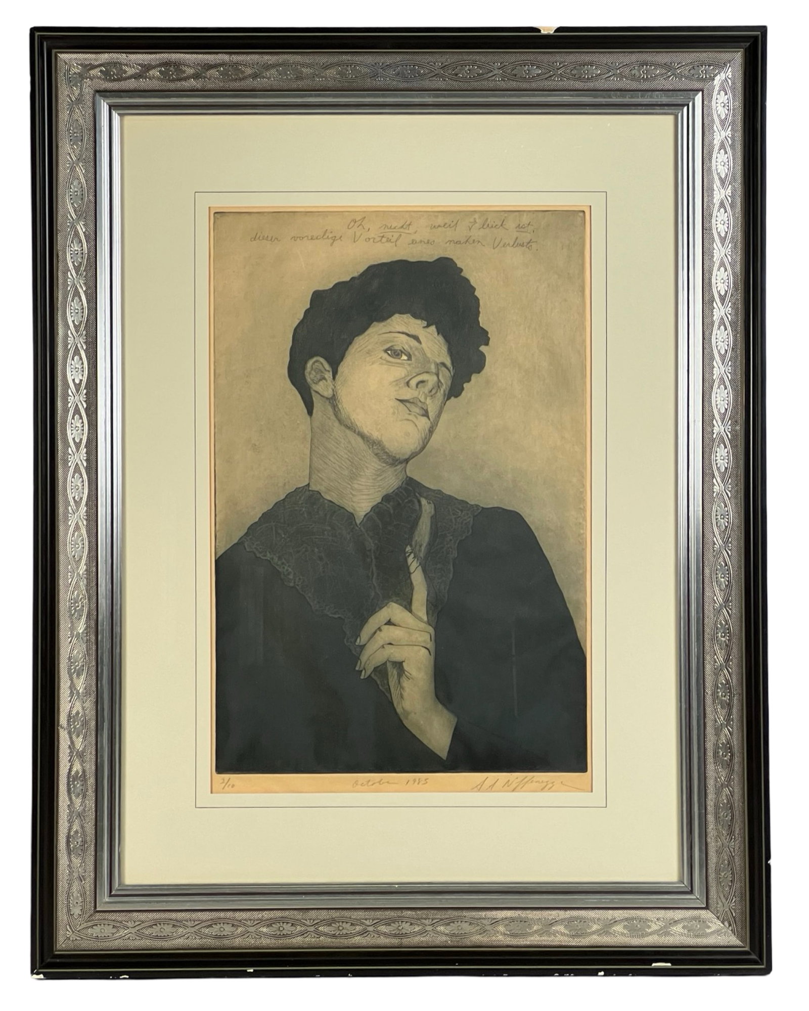 Audrey Niffenegger - "Rilke" Aquatint Etching: This evocative aquatint and etching by Audrey Niffenegger, titled "Rilke," is number 2 from a limited edition of 10, created in October 1985. The piece captures the introspective essence of poet Raine
