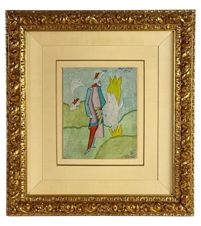 Mihail Chemiakin- 1975 Original Watercolor: Original watercolor painting by Mihail Chemiakin, titled "On St. Petersburg Streets." The title is inscribed in the upper right corner, while the artist's signature and the date "1975 Paris" adorn the