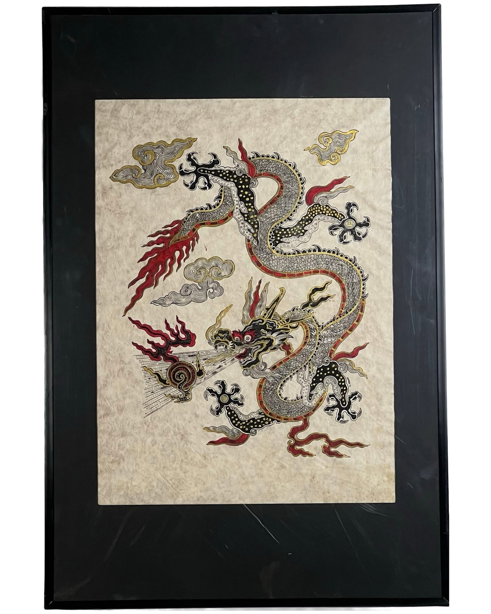 T. Muni Chinese Dragon Woodblock Print: This captivating woodblock print by artist T. Muni features a traditional Chinese dragon, symbolizing power and good fortune. The dragon is intricately detailed, showcasing the artist's skill in woodb