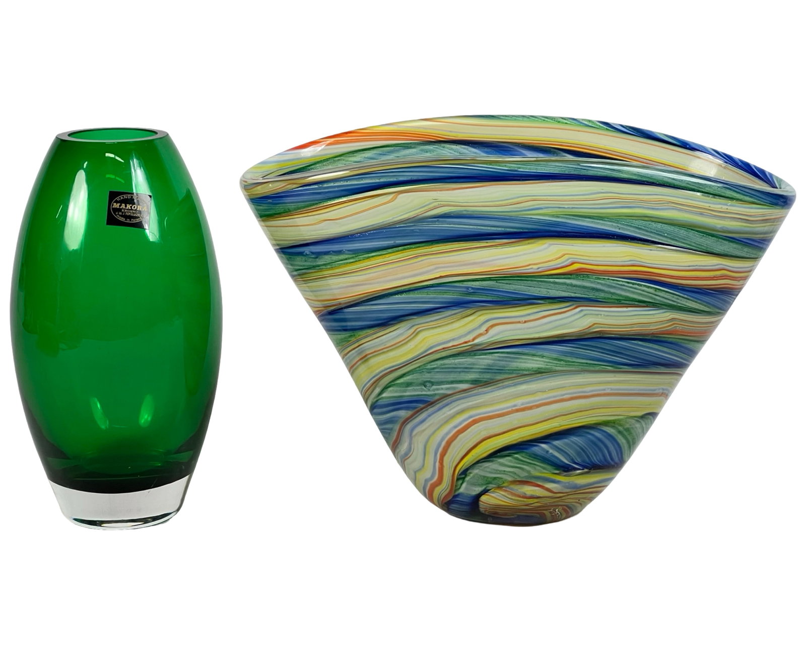 Dale Tiffany & Makora Krosno Art Glass Vases: A striking pair of art glass pieces: Dale Tiffany Multicolor Striped Art Glass Bowl: Featuring vibrant swirls of blue, green, yellow, and orange, this unique design showcases the elegance of Dale Tiff