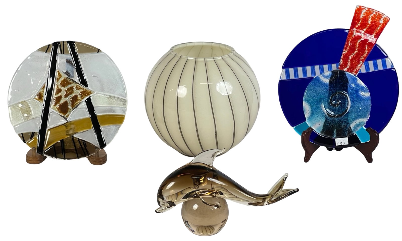 Art Glass Assortment- Murano Dolphin, Fused Glass: A beautiful collection of art glass pieces, including: Murano Art Glass Dolphin Sculpture: Crafted in warm amber tones, this elegant dolphin balances on a clear glass sphere. Measures 8" x 5". Two Mod
