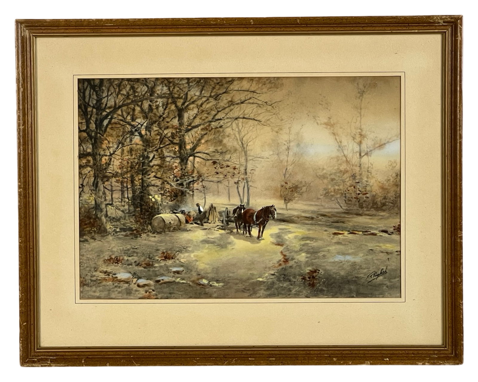 Frank F. English 19th C Countryside Painting: A serene watercolor painting by renowned American artist Frank F. English (1854-1922), depicting a countryside scene with horses and figures amid a tranquil woodland setting. The work captures the pas
