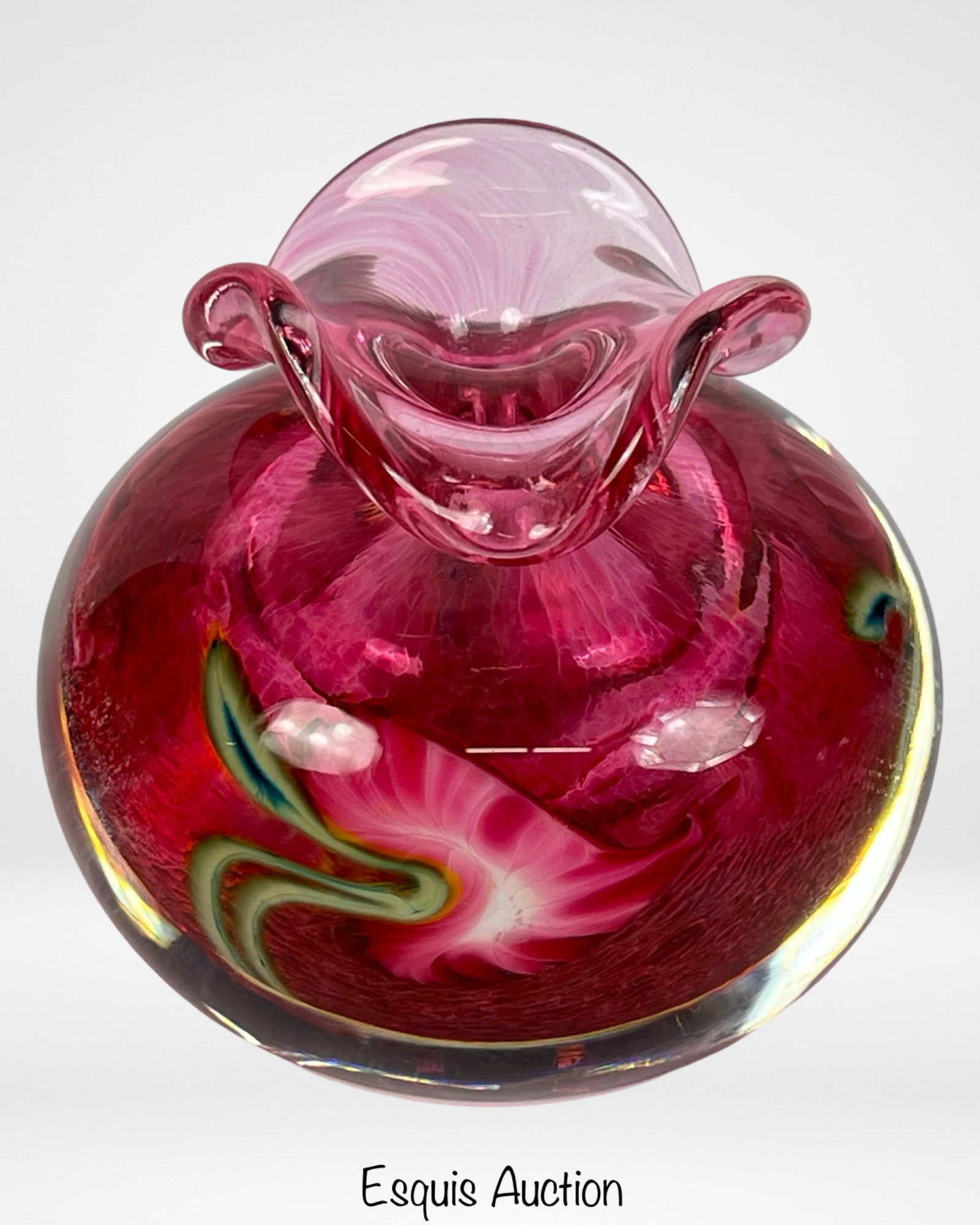 Lotton Art Glass Scent Bottle by Jerry Heer: A stunning Lotton Art Glass scent bottle by Jerry Heer, showcasing exceptional craftsmanship. This vibrant piece features a rich cranberry base with swirls of vivid colors, creating an elegant and eye