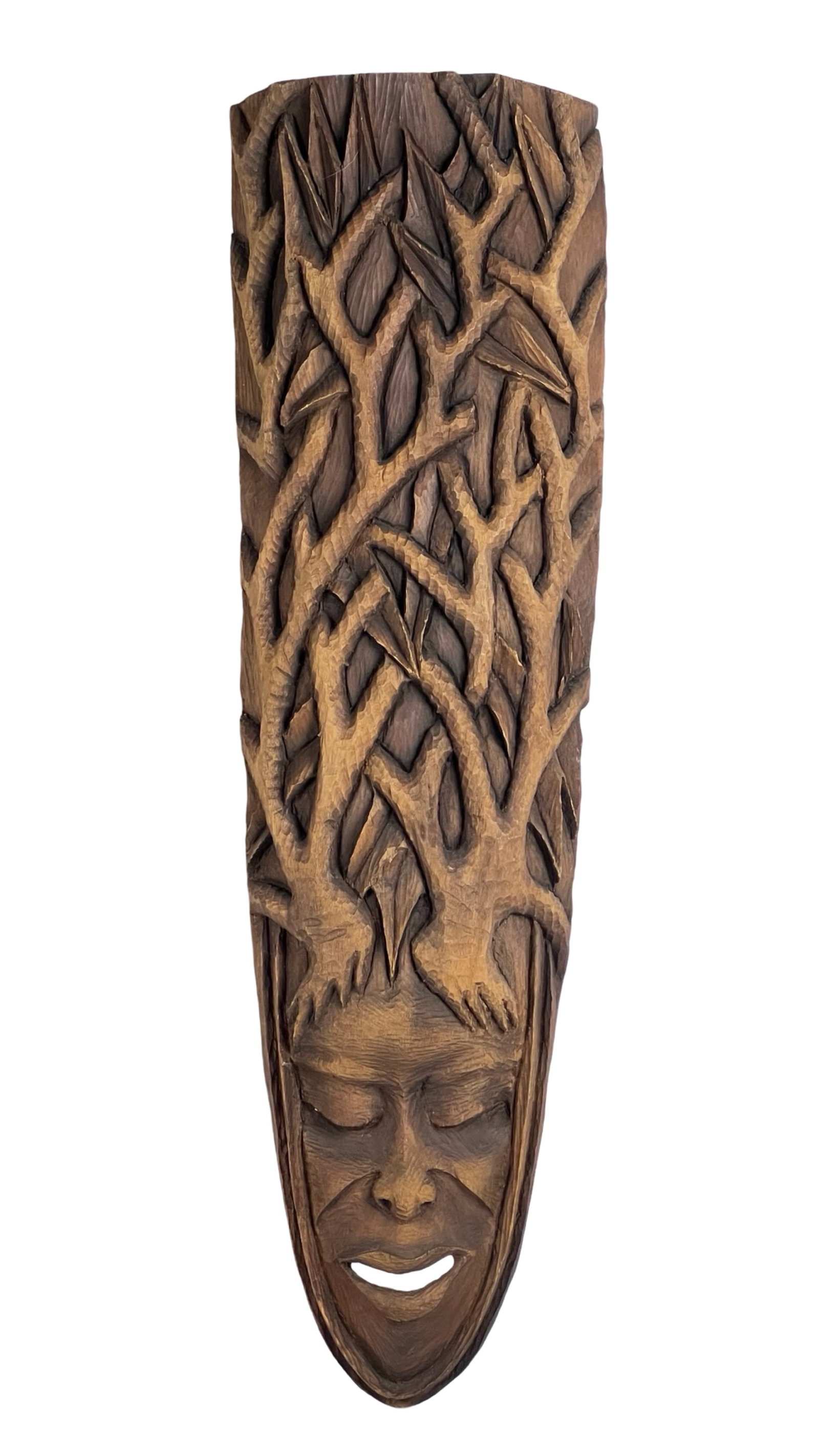 Druid Wood Carved Spirit of the Forest Mask: Intricately carved Celtic or Druid-inspired "Spirit of the Forest" Wood Mask. The mask features a captivating design of interwoven branches and natural elements, evoking a mystical connection to natur