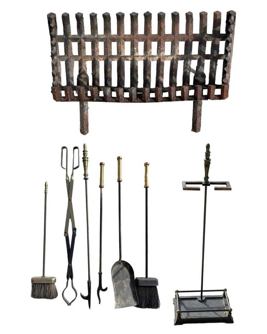 Vintage Wrought Iron Fireplace Grate & Tool Set (1 of 7)