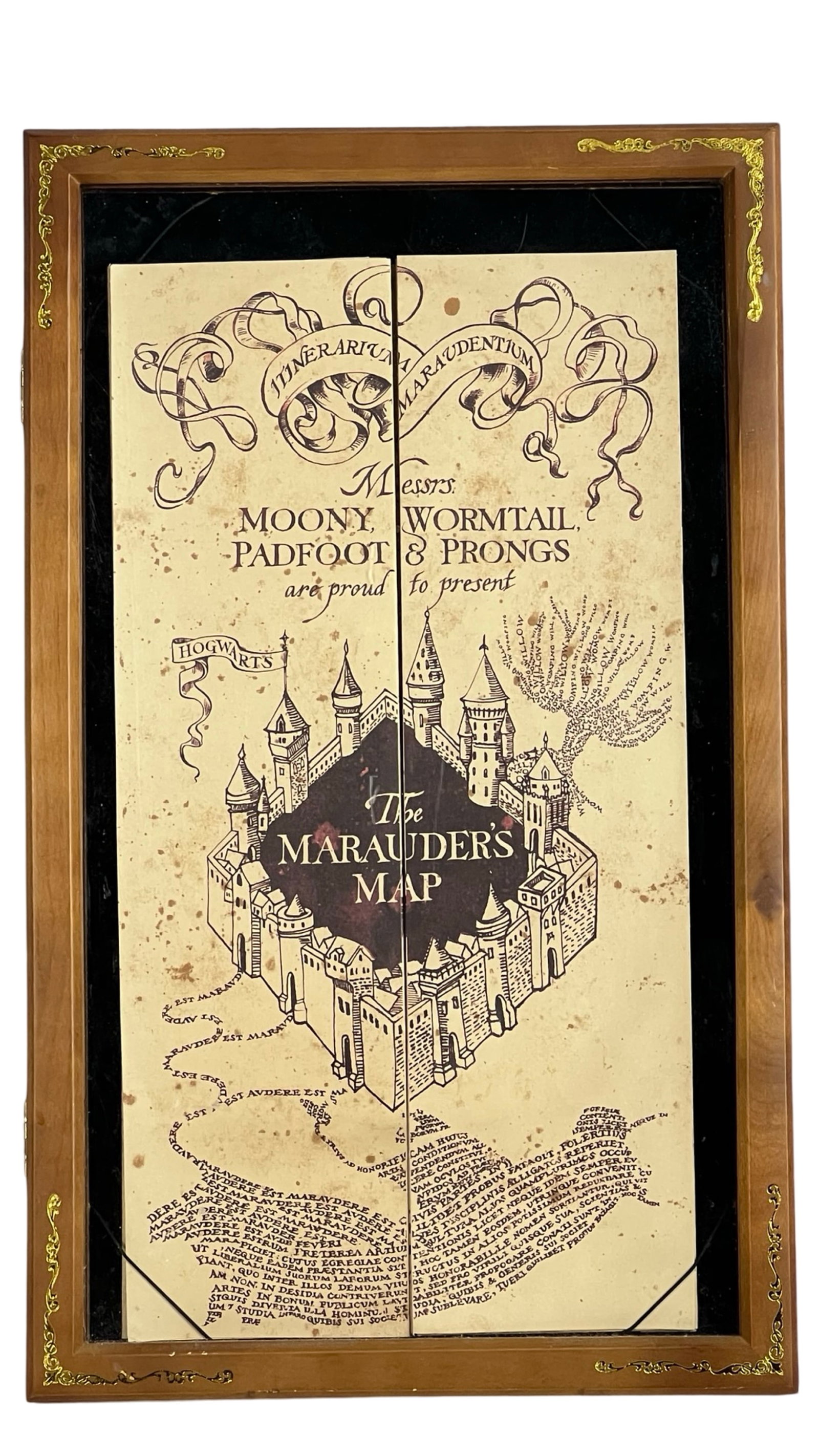 Harry Potter The Marauder's Map in Wooden Case: This exceptional replica of The Marauder's Map is housed in a beautifully crafted wooden case adorned with intricate golden accents. Created by Noble Collection, it captures the essence of the magical
