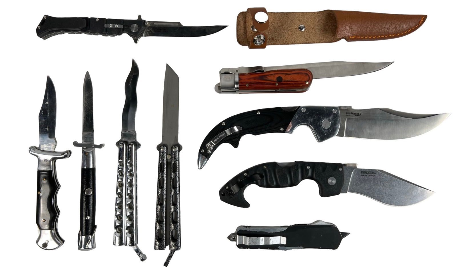 Group of Assorted Folding Knives: A diverse collection of folding knives featuring various styles and designs.
